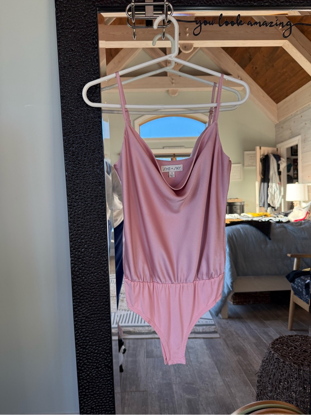 She + Sky Dusty Pink Satin Cowl Neck One-Piece Bodysuit
